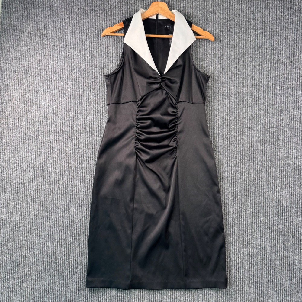 Madison Leigh‎ Dress 10 Black Contrast Collar Sleeveless Career Cocktail Y2K